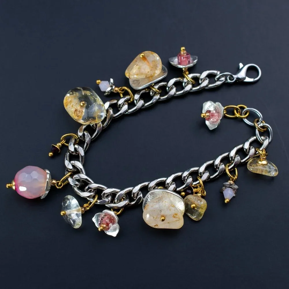 Chunky colorful charm silver chain bracelet, pink gemstone bead dangle bracelet
